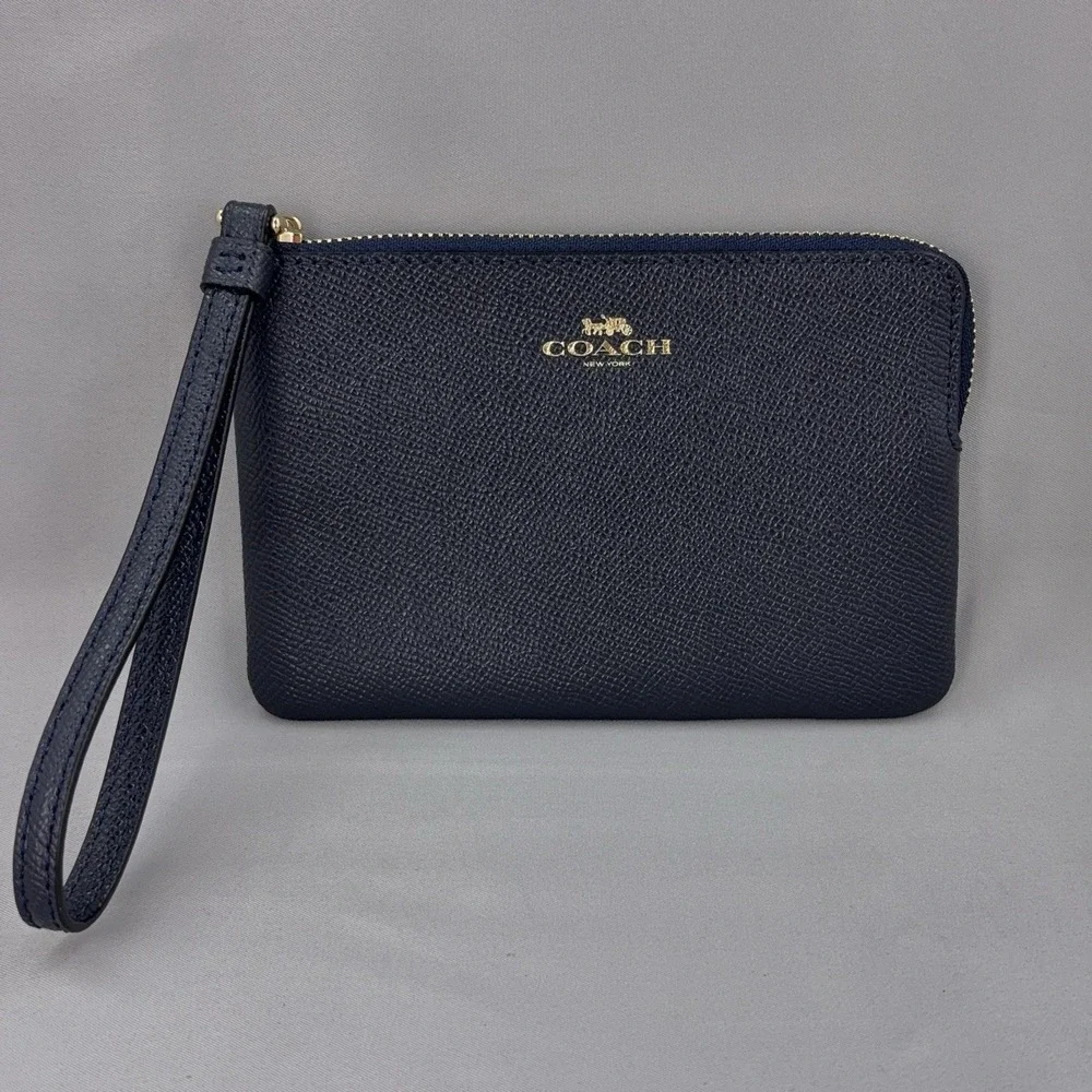 Coach Corner Zip Wristlet Womens‎ Midnight Blue Crossgrain Leather Gold Tone